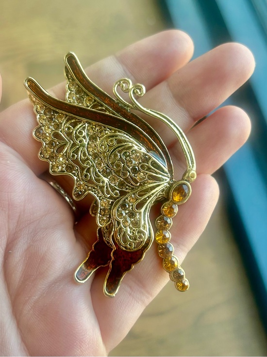 Jewelry - Vintage Inspired Amber Rhinestone Enamel Butterfly Brooch Pin